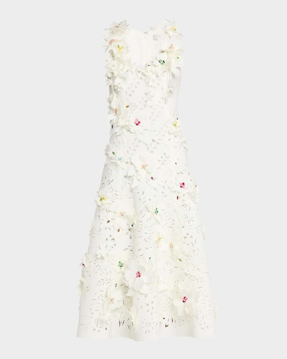 Sleeveless Cutout Floral Applique Midi Dress